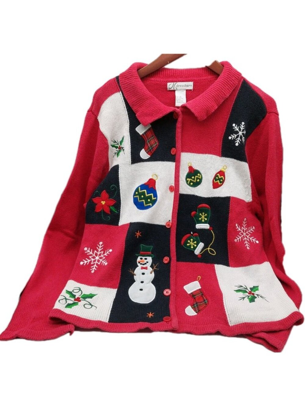 Dressbarn Women's Christmas Cardigan Sweater Size Xl Red Snowman Button Up
